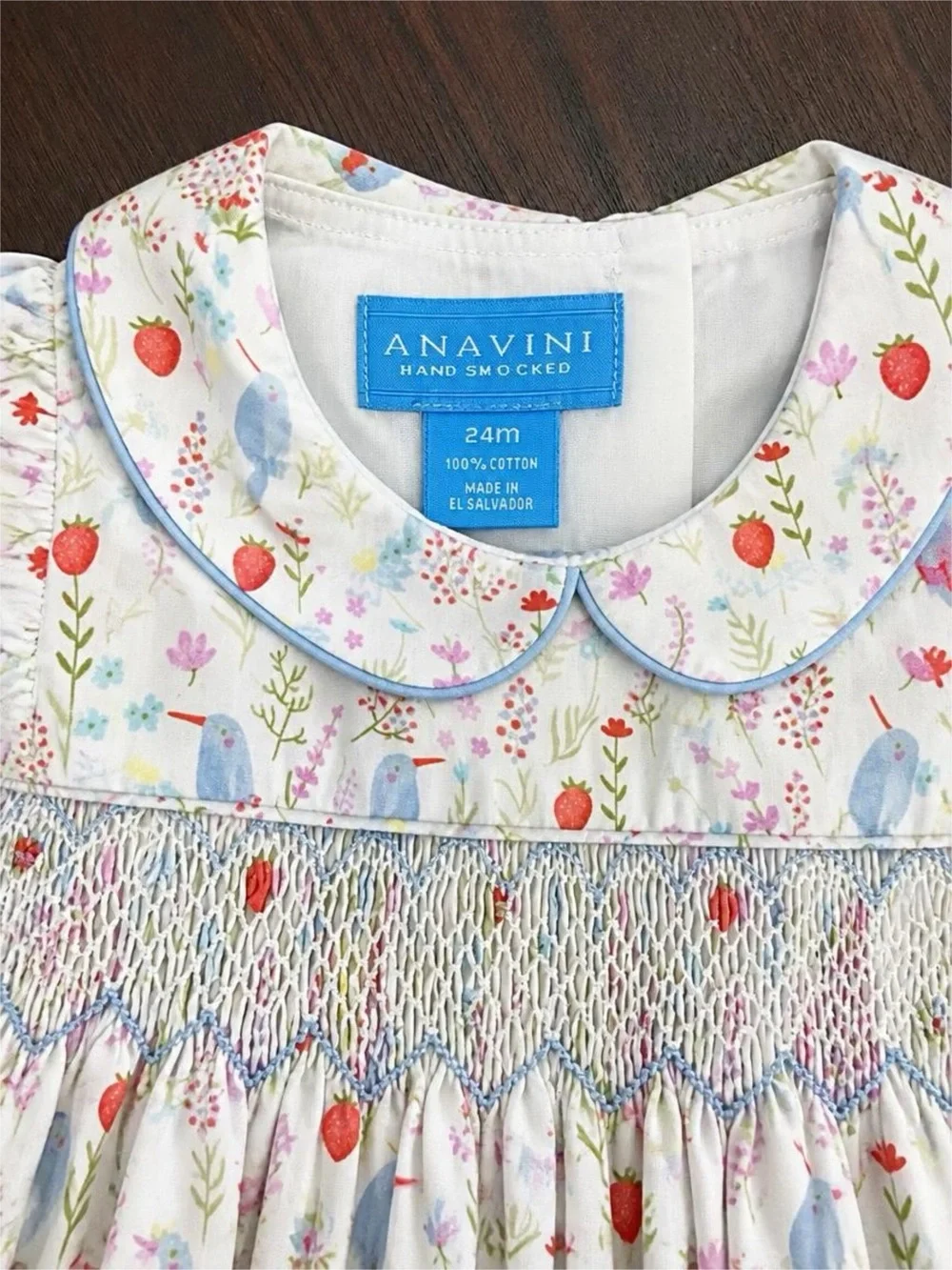 Anavini Girls 24M Hand Smocked Dress Strawberry Bird Floral Peter Pan Collar